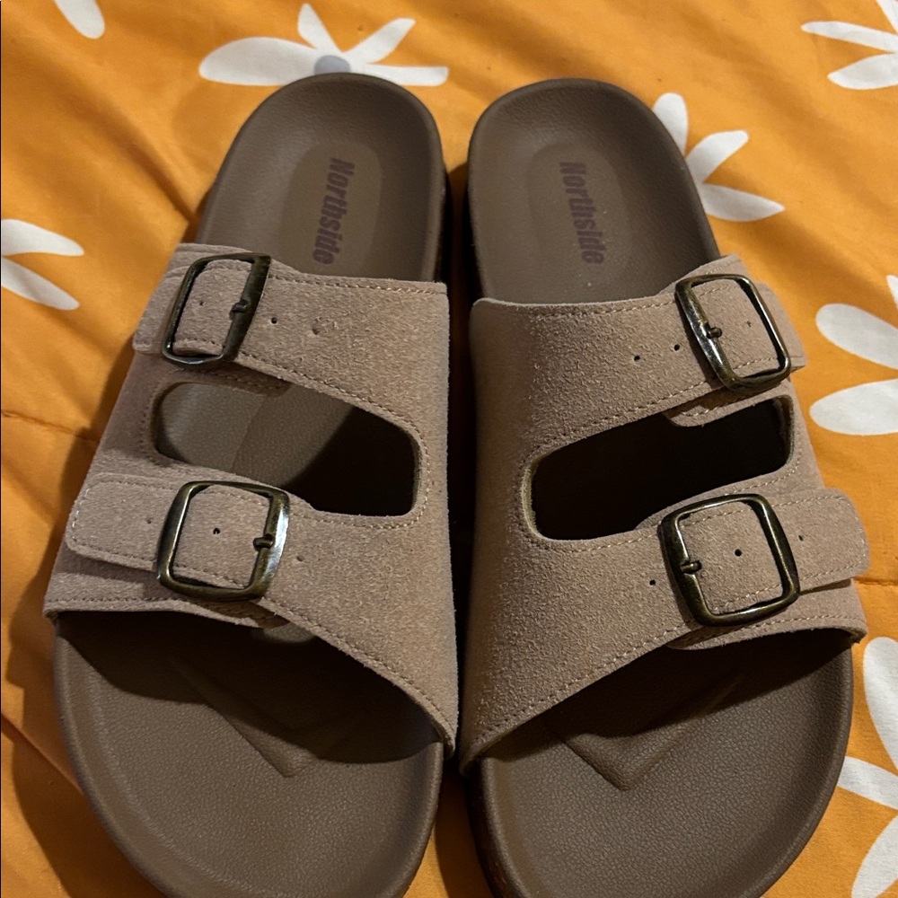 Northside Taupe Double-Buckle Slide Sandals